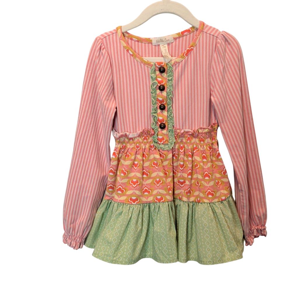 Matilda Jane Girls Sz 4 Ashley Friends Forever Tunic Dress Pink Green Floral